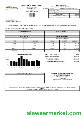 USA Ohio Village of Jackson Center Public Power business utility bill template in Word and PDF formats